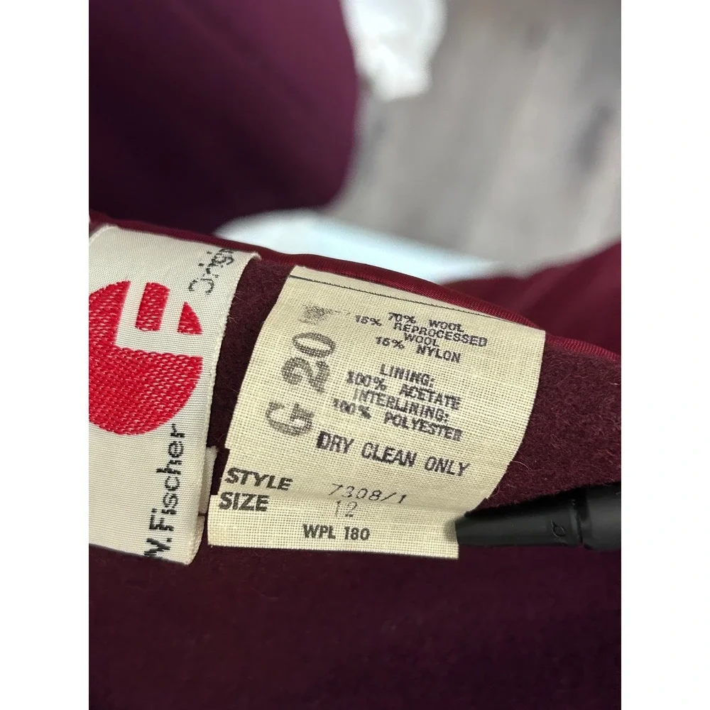 Vintage Lord & Taylor N. Fischer Burgundy Wool Velvet Trim Coat Youth Size 12